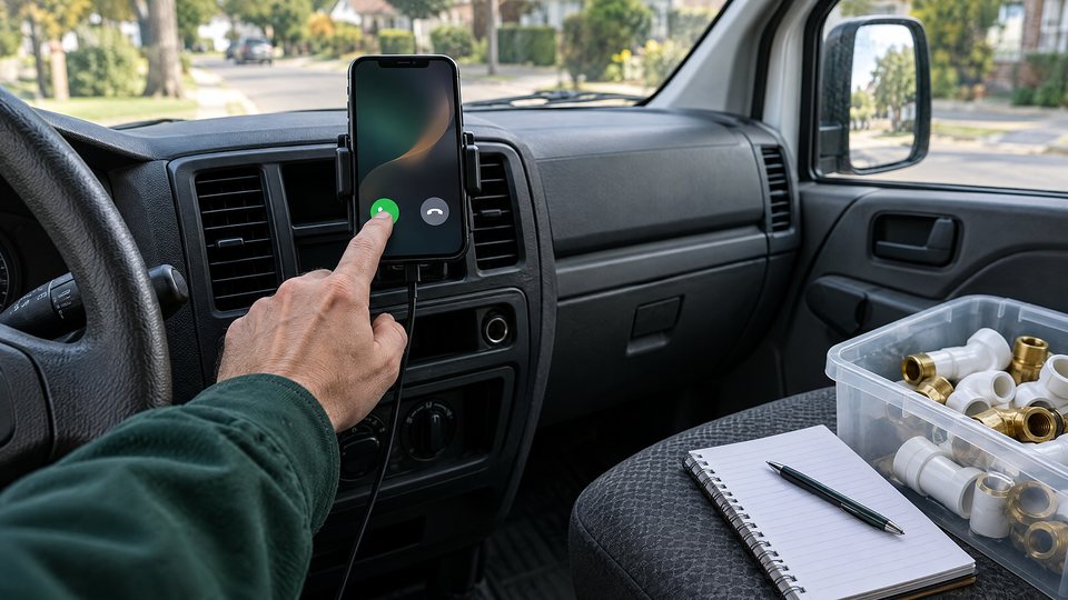 Inside a parked work van, a hand taps the answer button on a phone in a dashboard mount, with a notepad and a bin of pipe fittings on the passenger seat