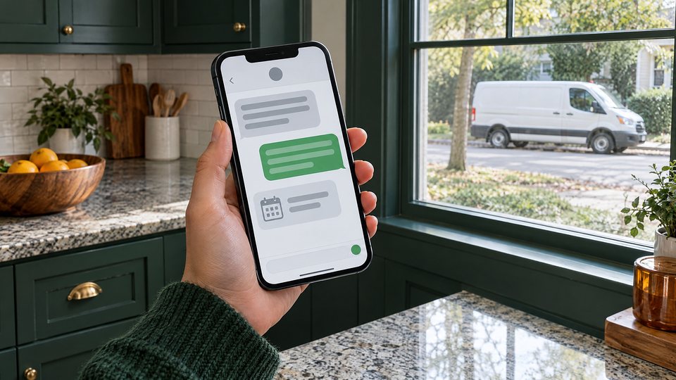 A hand holds a phone showing a text conversation with a calendar icon in a kitchen, with a white service van parked outside the window