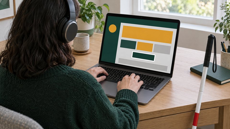 A person wearing headphones, seen from behind, navigates a high-contrast web page with only a keyboard, with a white cane leaning against the desk