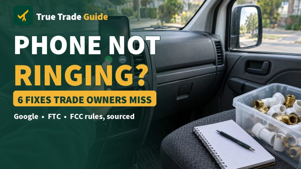 Hand answering a call on a phone mounted in a work van, with the words Phone not ringing? 6 fixes trade owners miss