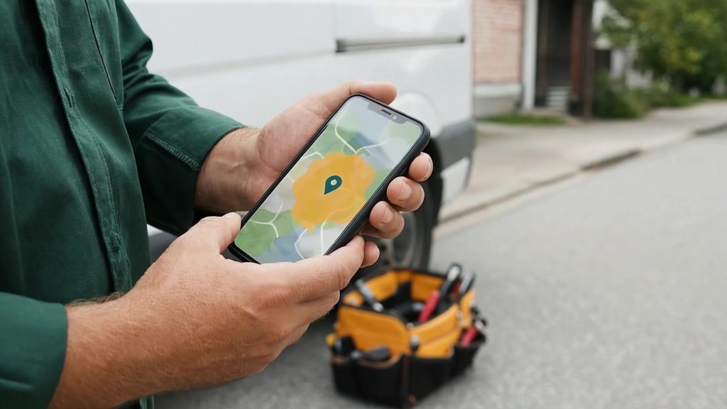 Trade business owner in a green work shirt holding a phone that shows a Google Business Profile style service-area map, tool bag on the street behind him
