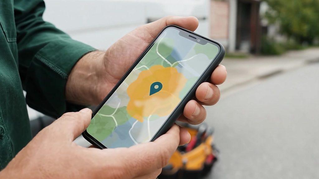 Close-up of a phone screen showing a map with a highlighted service area and a location pin, held next to a work van