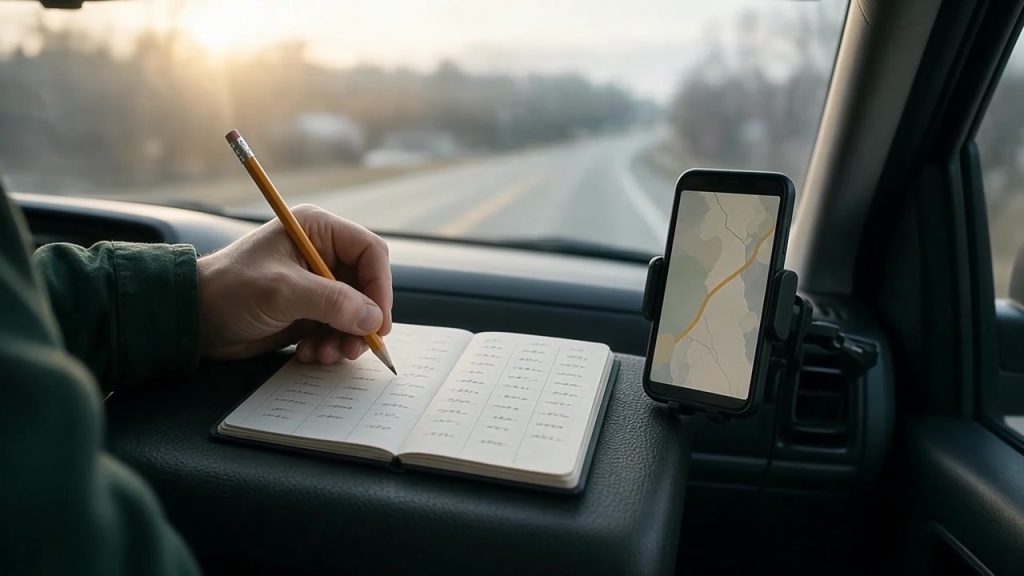 HVAC business owner writing in a notebook on the truck dashboard with a map open on a mounted phone