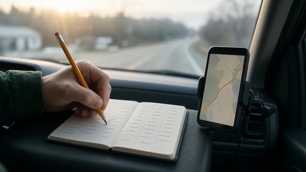 Hand with a pencil writing in a notebook on a truck dashboard beside a phone showing a route map, highway at sunrise