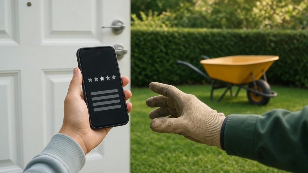 Customer at a front door holding a phone with a star rating screen while a gloved landscaper gestures, wheelbarrow on the lawn