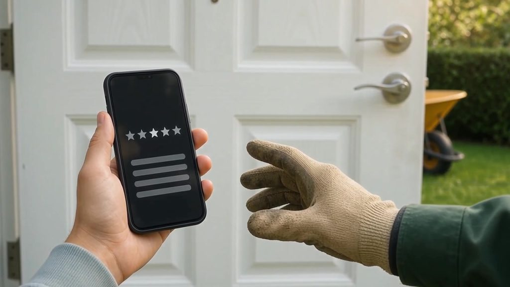 Phone with a five-star rating screen held at an open front door next to a worker in a green sleeve and work glove