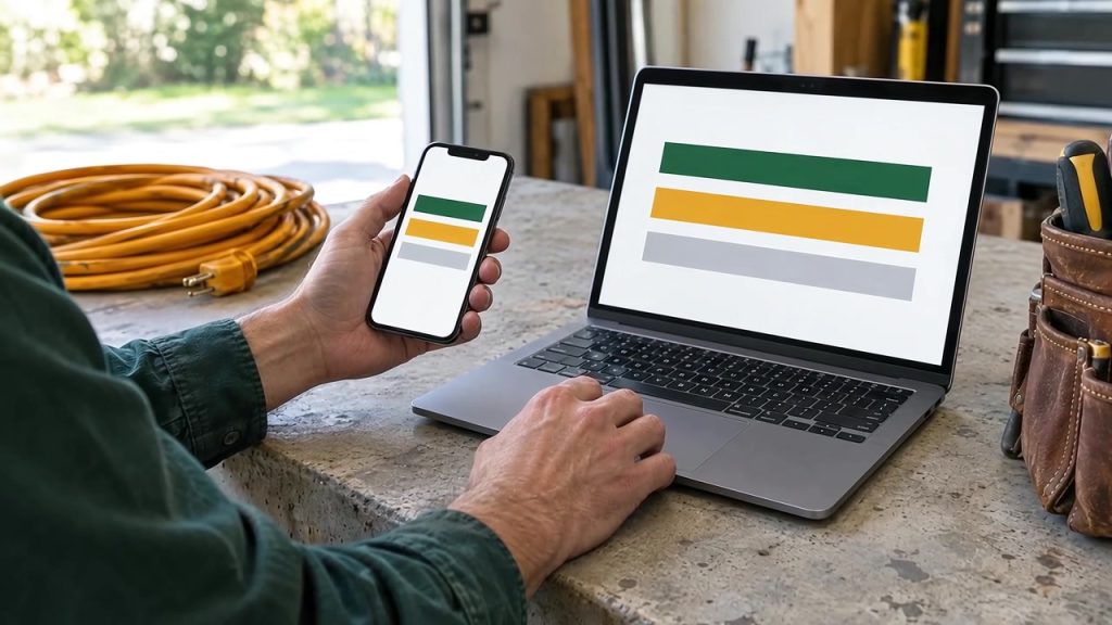 Trade worker comparing a simple business website on a laptop and a phone on a stone counter beside an orange extension cord