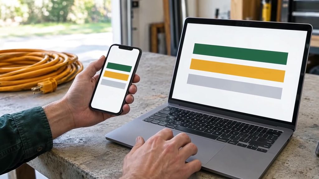Laptop and phone both showing the same simple green and amber website layout on a workbench