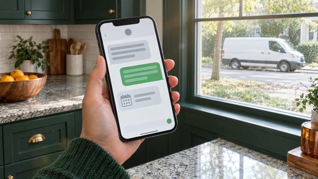 Customer in a kitchen holding a phone with an appointment text conversation, a service van parked outside the window