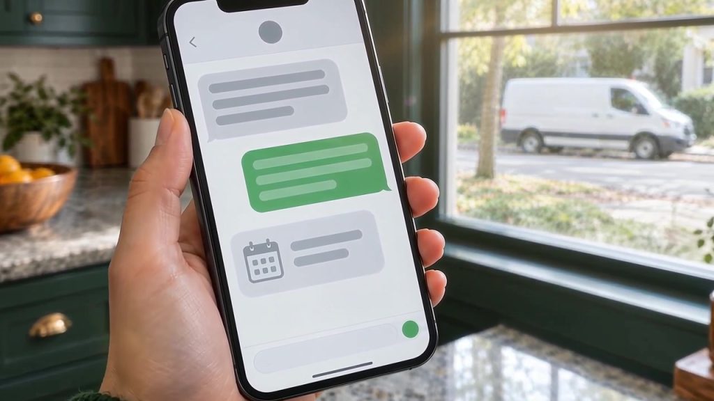Close-up of a phone showing chat bubbles and a calendar icon for an appointment reminder, kitchen counter in the background