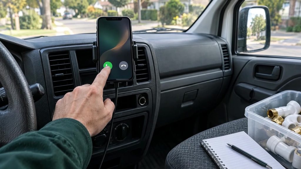 Hand reaching to answer an incoming call on a phone mounted on a work van dashboard, parts bin on the passenger seat