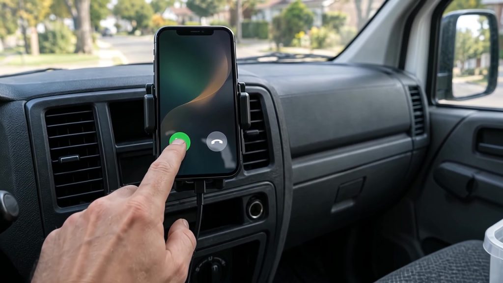 Finger tapping the green answer button on a phone in a dashboard mount inside a work van on a residential street